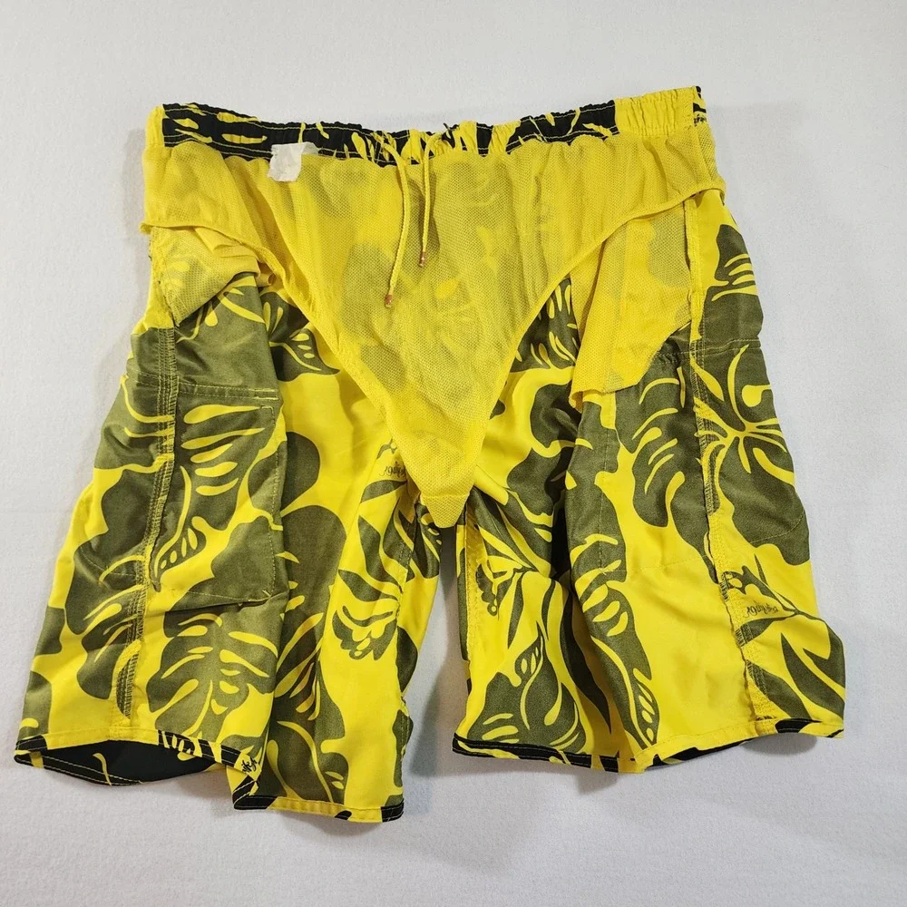 Quiksilver Mens XXL‎ Yellow Black Tropical Floral Cargo Board Shorts Swim Trunks